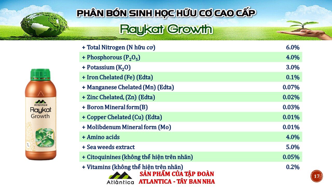 Phân bón sinh học hữu cơ cao cấp Raykat Growth - Chai 1 lít